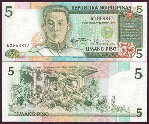 1985-91 Philippines 5 Piso (P.168a) Unc L000868